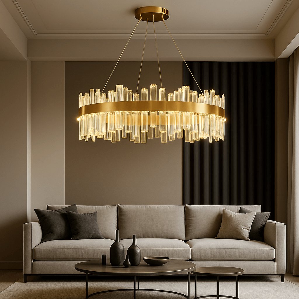 Lustre en cristal K9 et laiton doré, au design luxueux et raffiné, idéal pour salon, salle à manger ou entrée – Collection Luminexpress Maroc