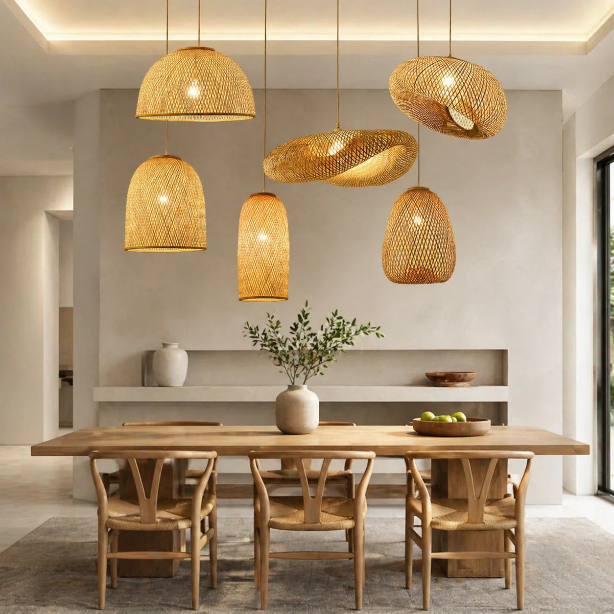 Suspension en bambou naturelle design moderne dans une salle à manger élégante – luminaire décoratif chaleureux pour intérieur contemporain | Luminaire Maroc Luminexpress