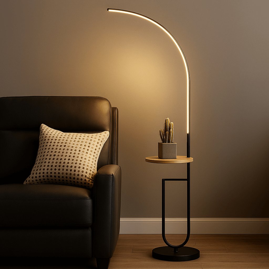 Lampadaire moderne en métal noir et doré, au design élégant, diffusant une lumière chaleureuse pour salon, chambre ou bureau – Collection Luminexpress Maroc