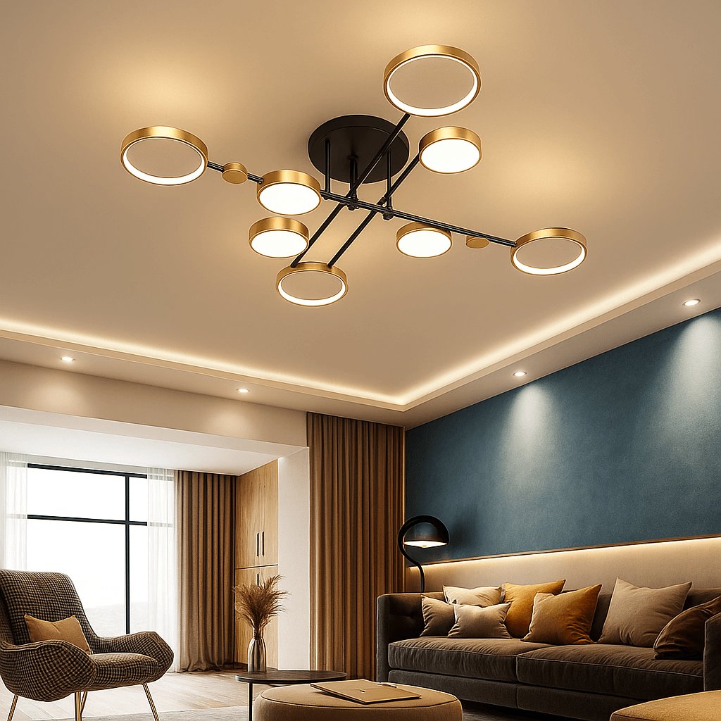 Plafonnier LED moderne circulaire en noir et doré, diffusant une lumière homogène et élégante pour salon, chambre ou bureau – Collection Luminexpress Maroc