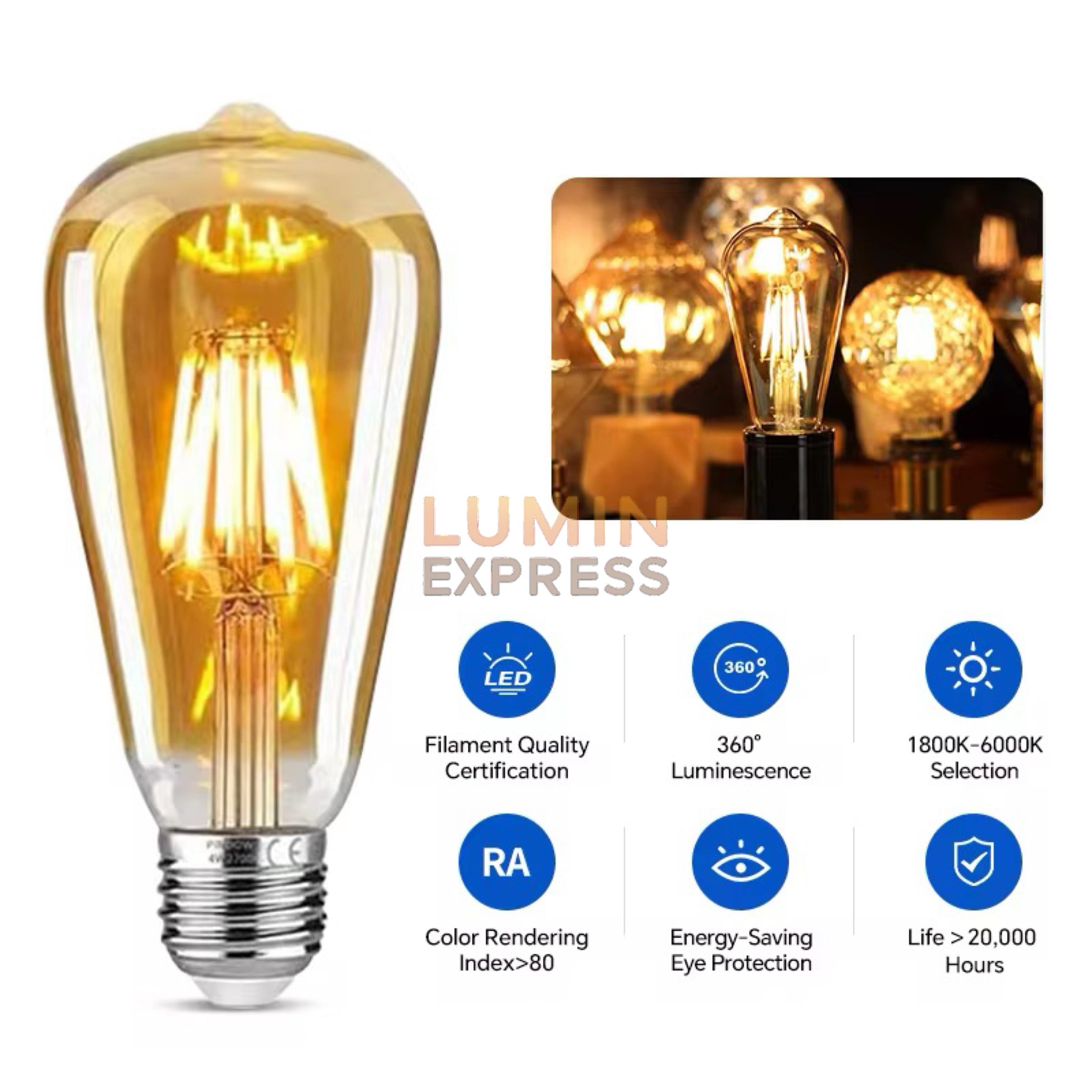 Pack de 6 Ampoules Filament E27 LED 6W ST64 3000K