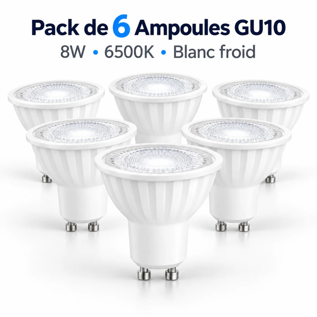 Pack de 6 Ampoules LED GU10 8W 6500K