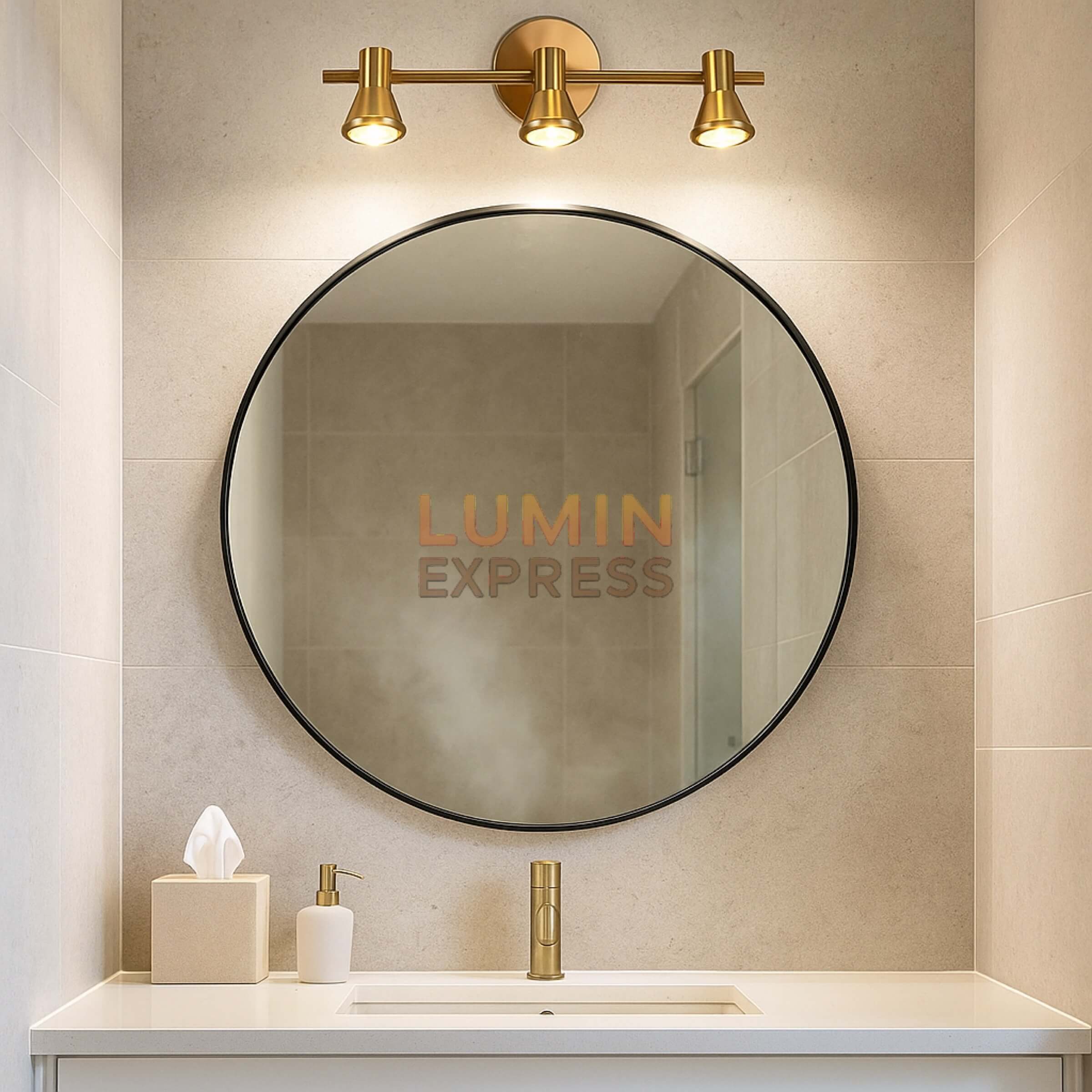 Applique murale dorée 3 spots LED intégrée, orientable – idéale au-dessus du miroir – Maroc