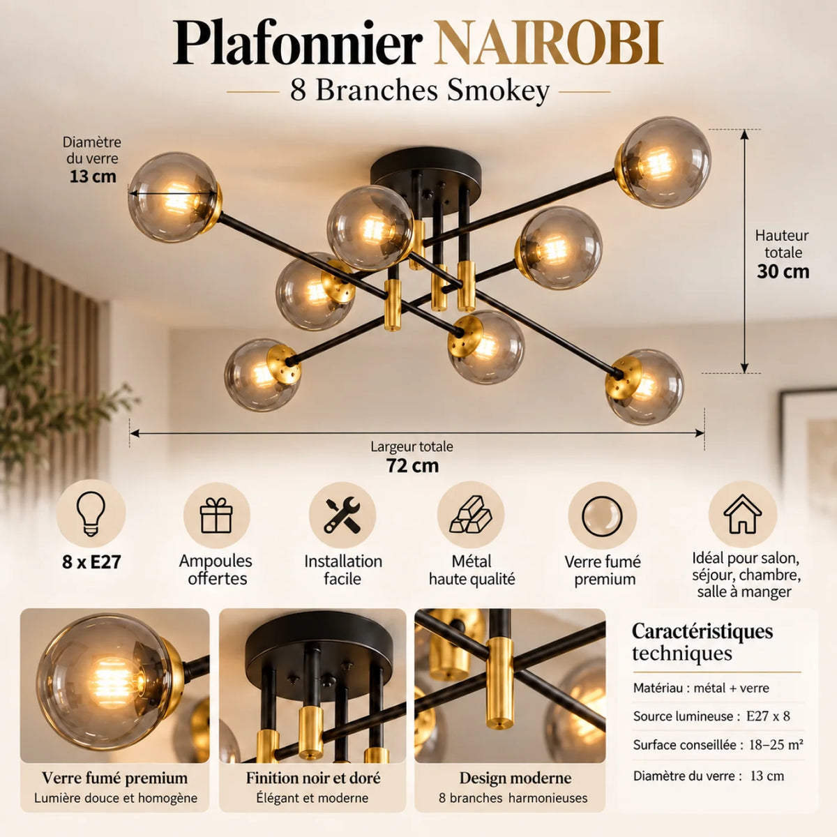 Plafonnier NAIROBI 8 Branches Smokey