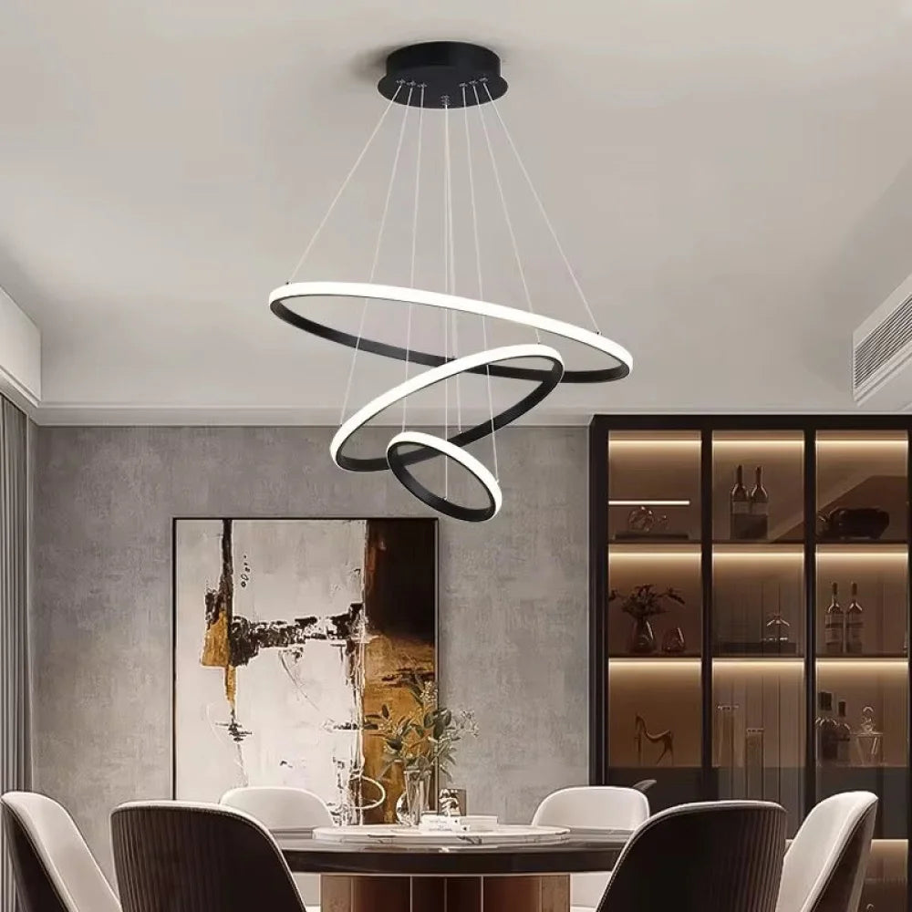 Suspension design TRIPLE Noir – LED intégrée, aluminium & acrylique, dimensions 60/40/20 cm, idéale pour salle à manger au Maroc