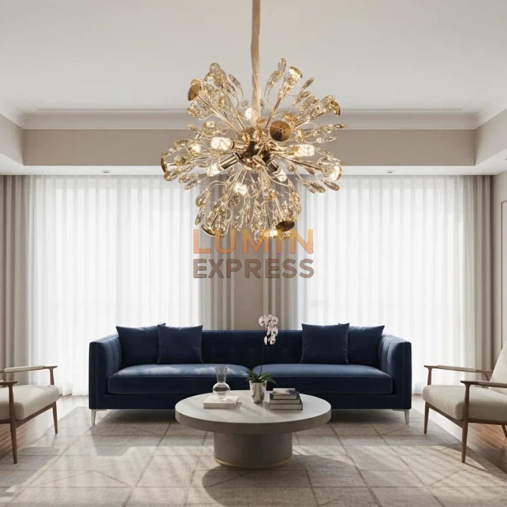 Lustre ROSALIO en cristal K9 doré design floral – Luminaire Maroc