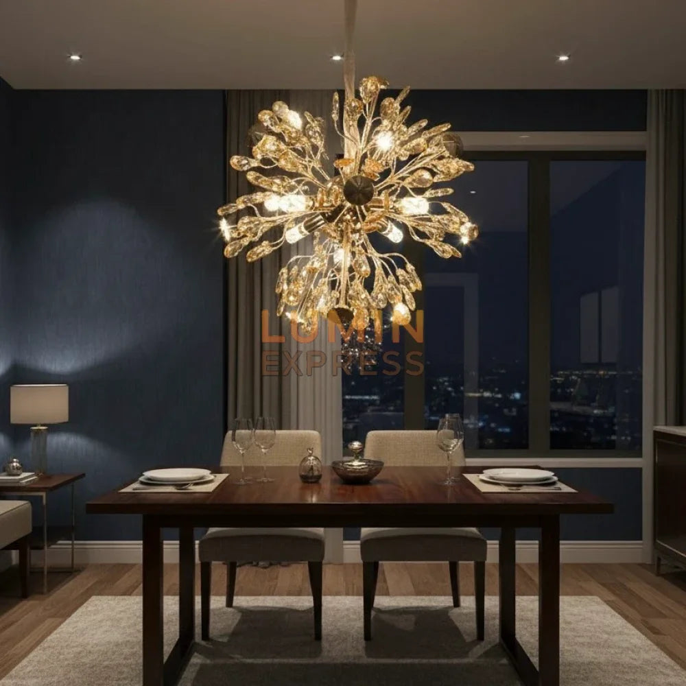 Lustre floral doré en cristal K9, idéal pour intérieur moderne au Maroc