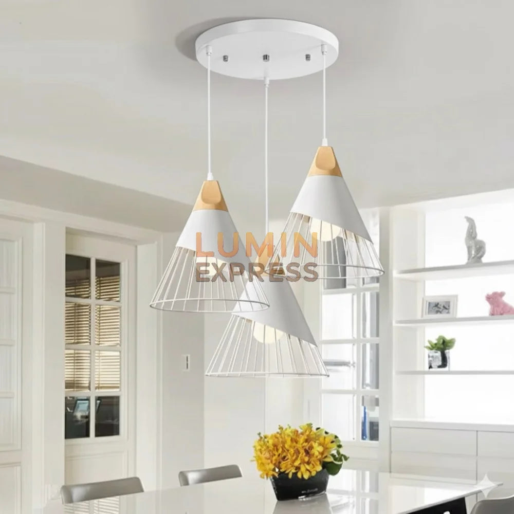 Suspension MORELIA Triple White luminaire design scandinave blanc et bois naturel – Luminexpress Maroc