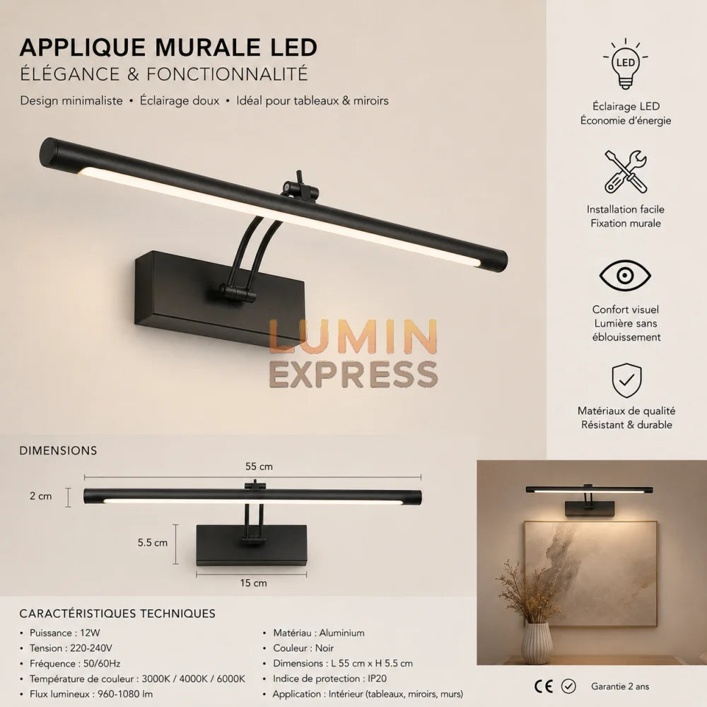 Applique murale orientable Noir pour tableau et miroir