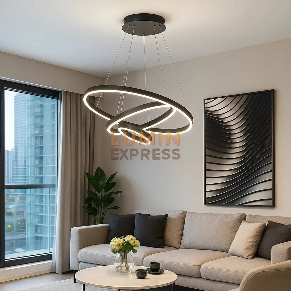 Lustre LED Moderne 3 Anneaux Noirs - 105W, Dimmable, Télécommande - Dimensions 80x80x190 Cm - Neuf