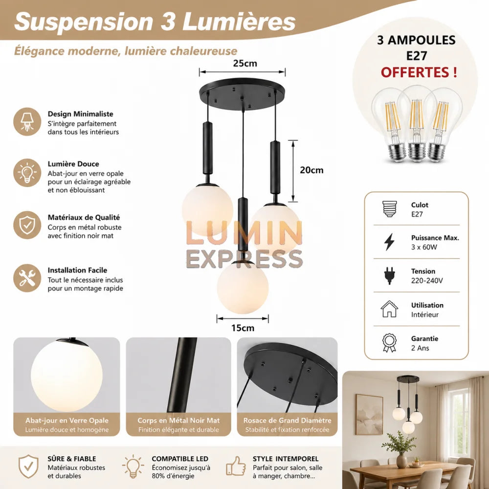 Suspension ISADORA noire 3 globes – luminaire Maroc haut de gamme