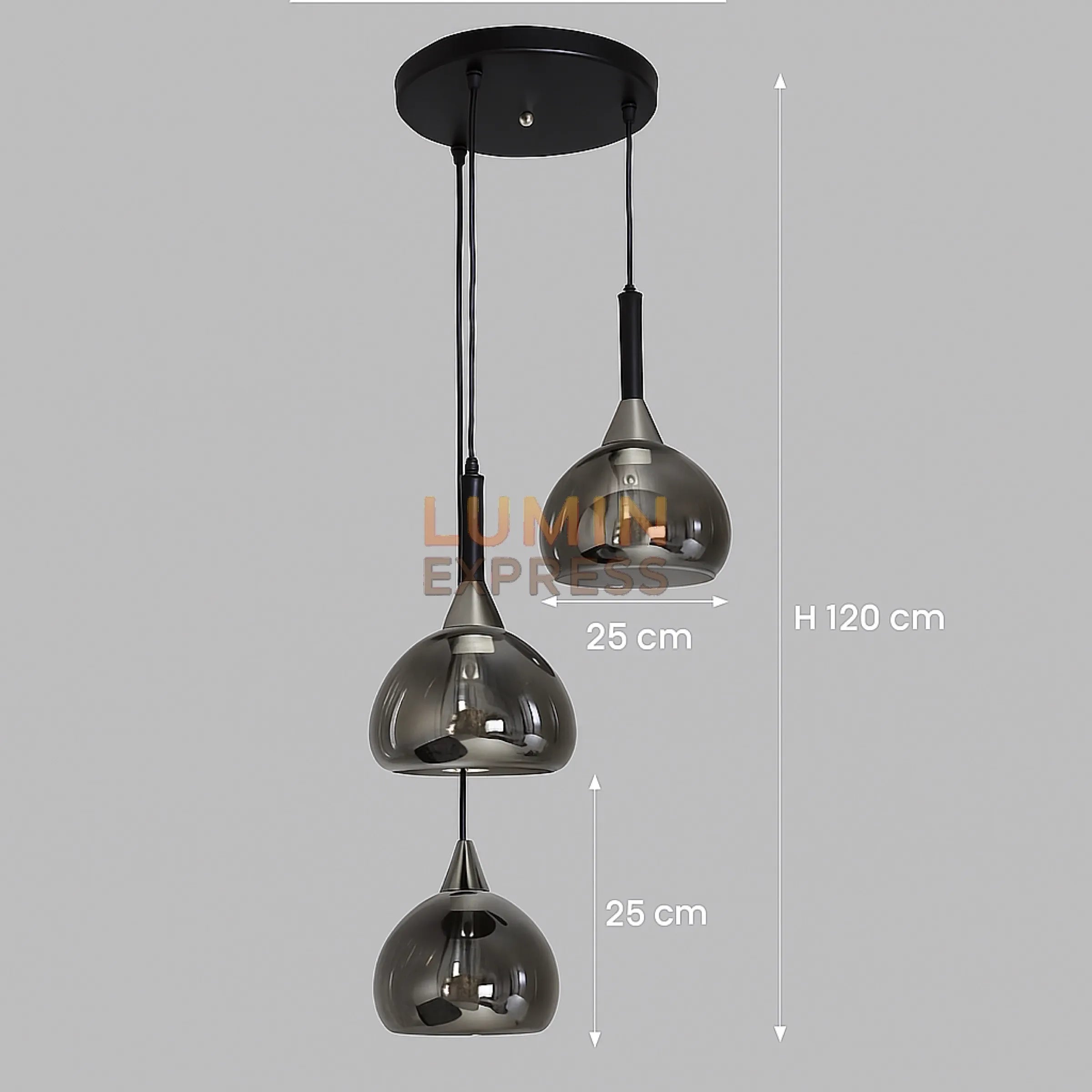 Suspension moderne 3 globes en verre fumé avec lumière chaude neutre blanche