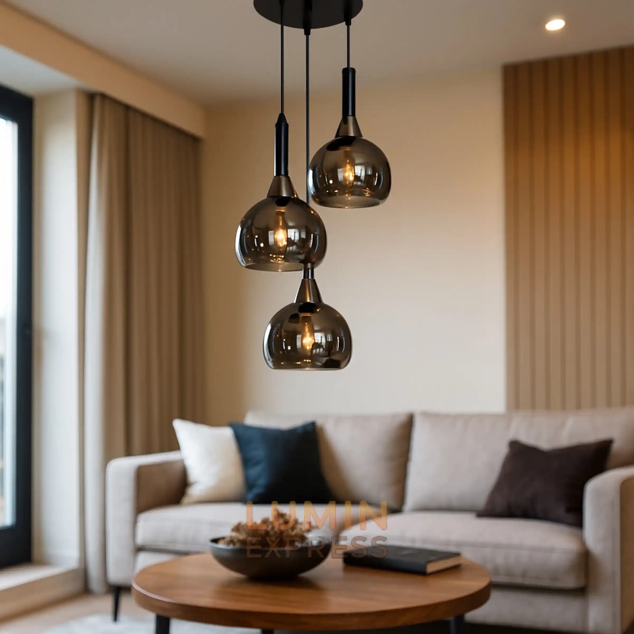 Luminaire suspension triple noir fumé pour salon et salle à manger