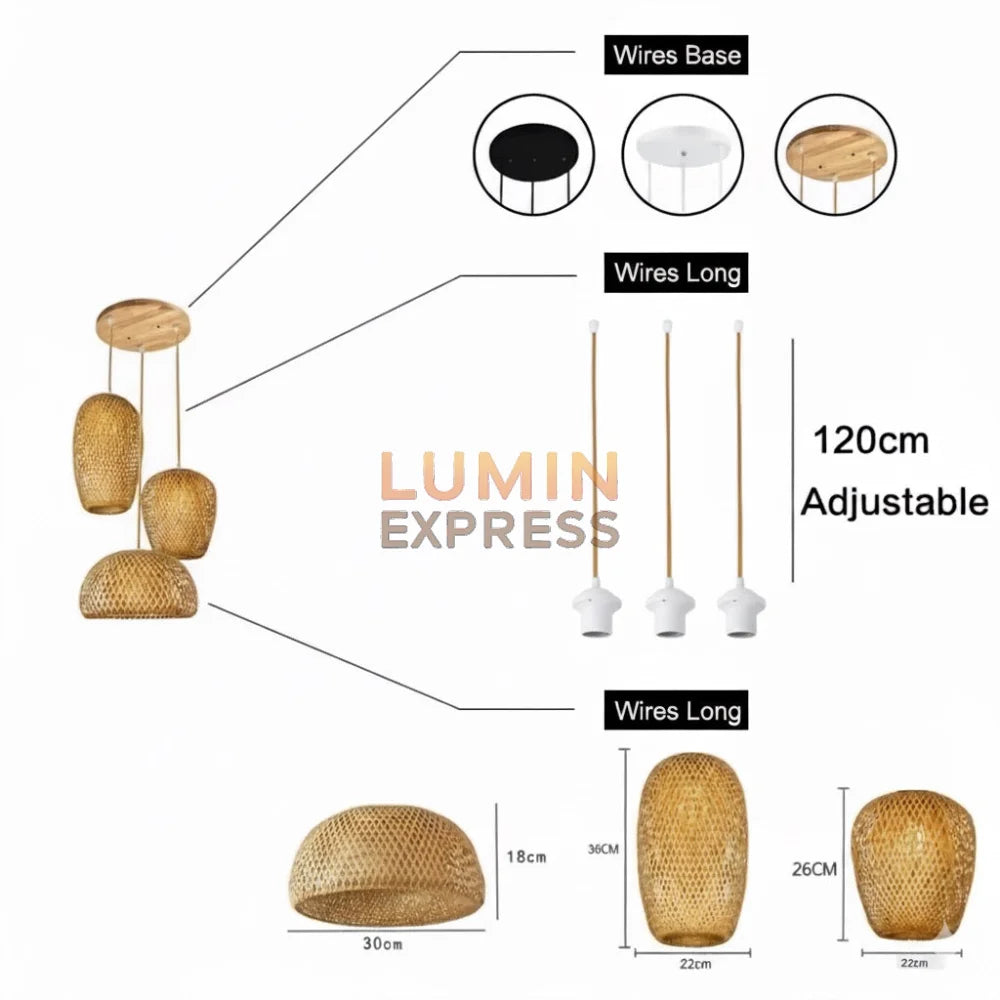 Suspension MALAYA Triple style bohème, fabriquée en rotin et bambou – Luminaire décoratif haut de gamme