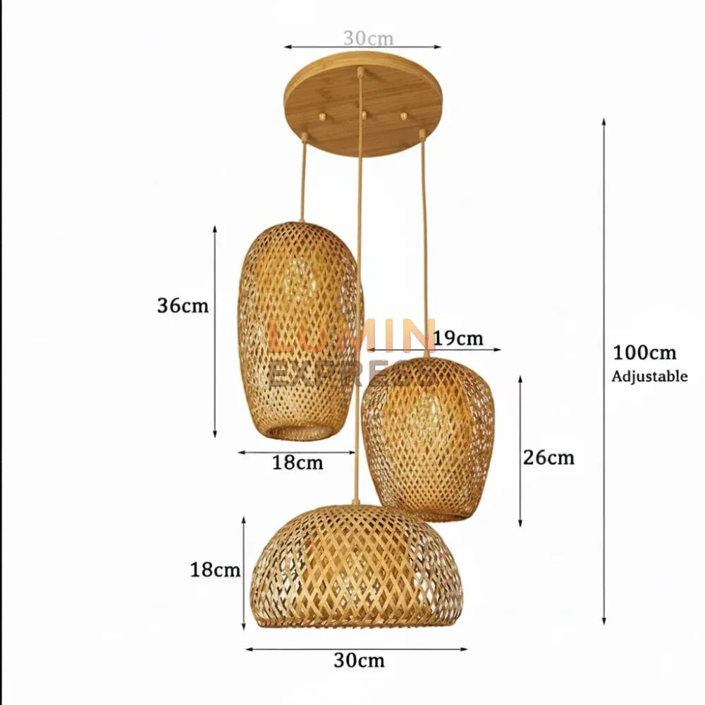 Lustre suspension triple en bambou et rotin naturel – Design scandinave et ambiance chaleureuse