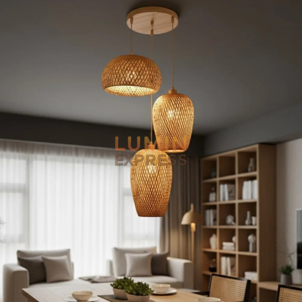 Suspension MALAYA Triple naturelle en bambou et rotin, design bohème chic – Luminaire Maroc