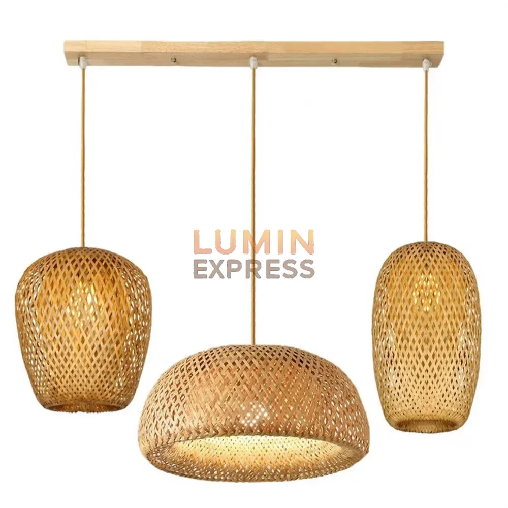 Lustre suspension triple en bambou et rotin naturel – Design scandinave et ambiance chaleureuse