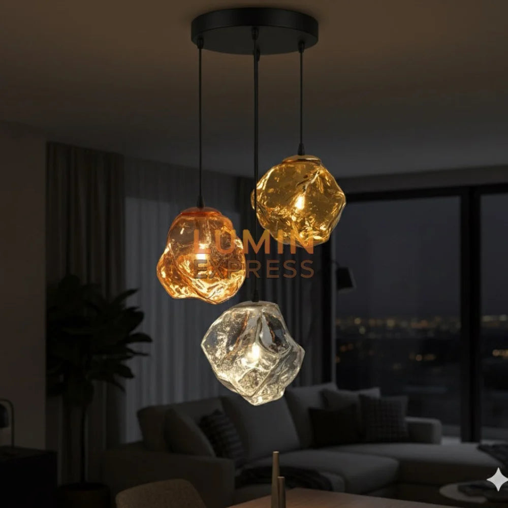 Suspension MELT Triple en verre – coloris rose gold, silver et gold – luminaire design haut de gamme – LUMINEXPRESS Maroc.