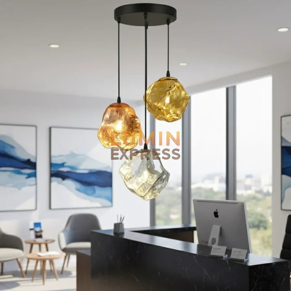 Suspension MELT Triple design – trois globes en verre métallisé or, argent et rose – ampoules offertes – LUMINEXPRESS Maroc.