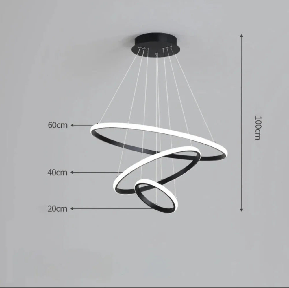 Suspension TRIPLE Noir LED – lustre moderne en aluminium & acrylique, usage salon, chambre, hôtel, Maroc