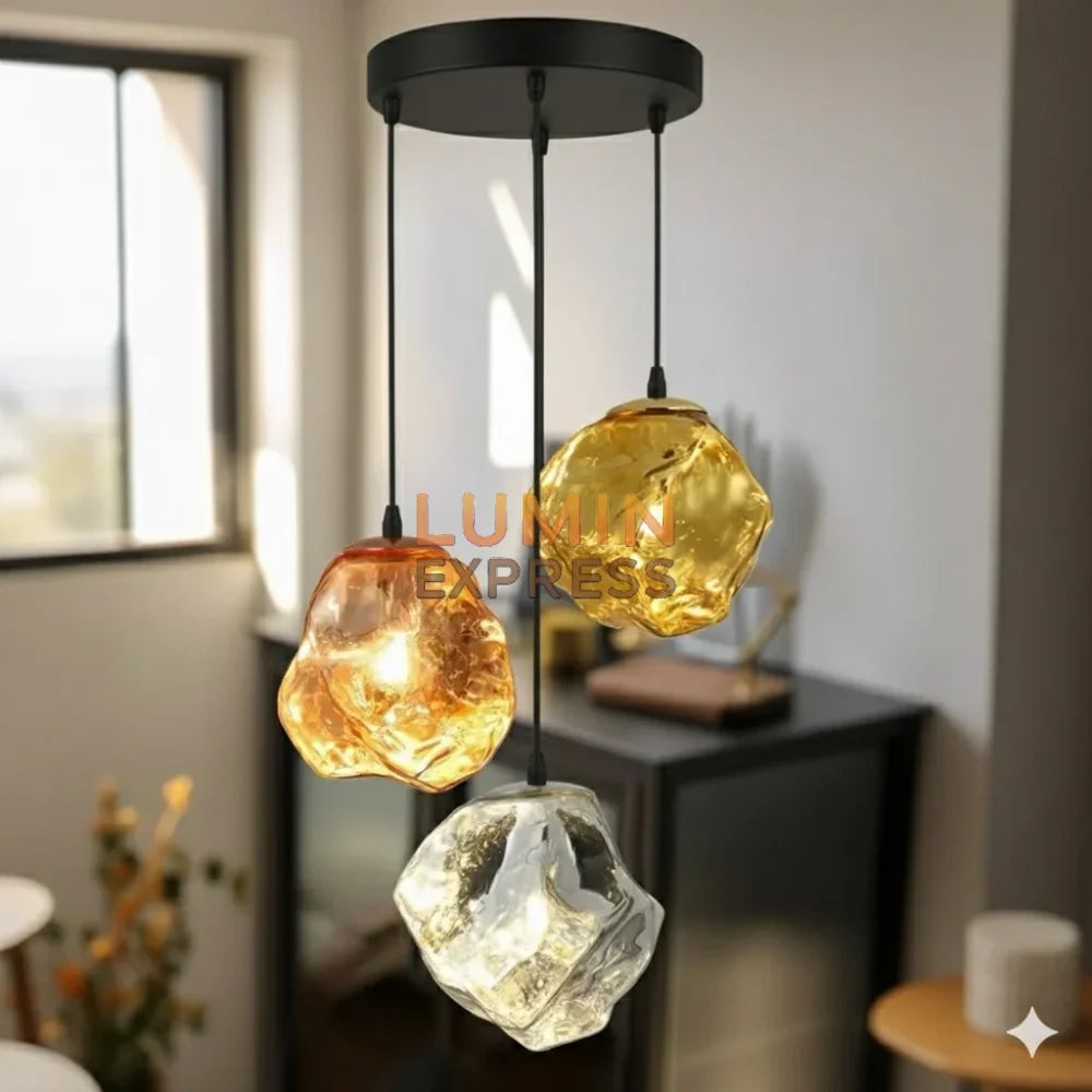 Suspension en verre soufflé MELT Triple – trio de couleurs métalliques rose, argent et doré – LUMINAIRE Maroc.