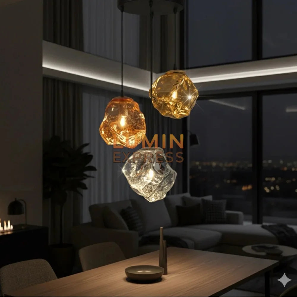 Suspension LAVA Triple en verre – coloris rose gold, silver et gold – luminaire design haut de gamme – LUMINEXPRESS Maroc.