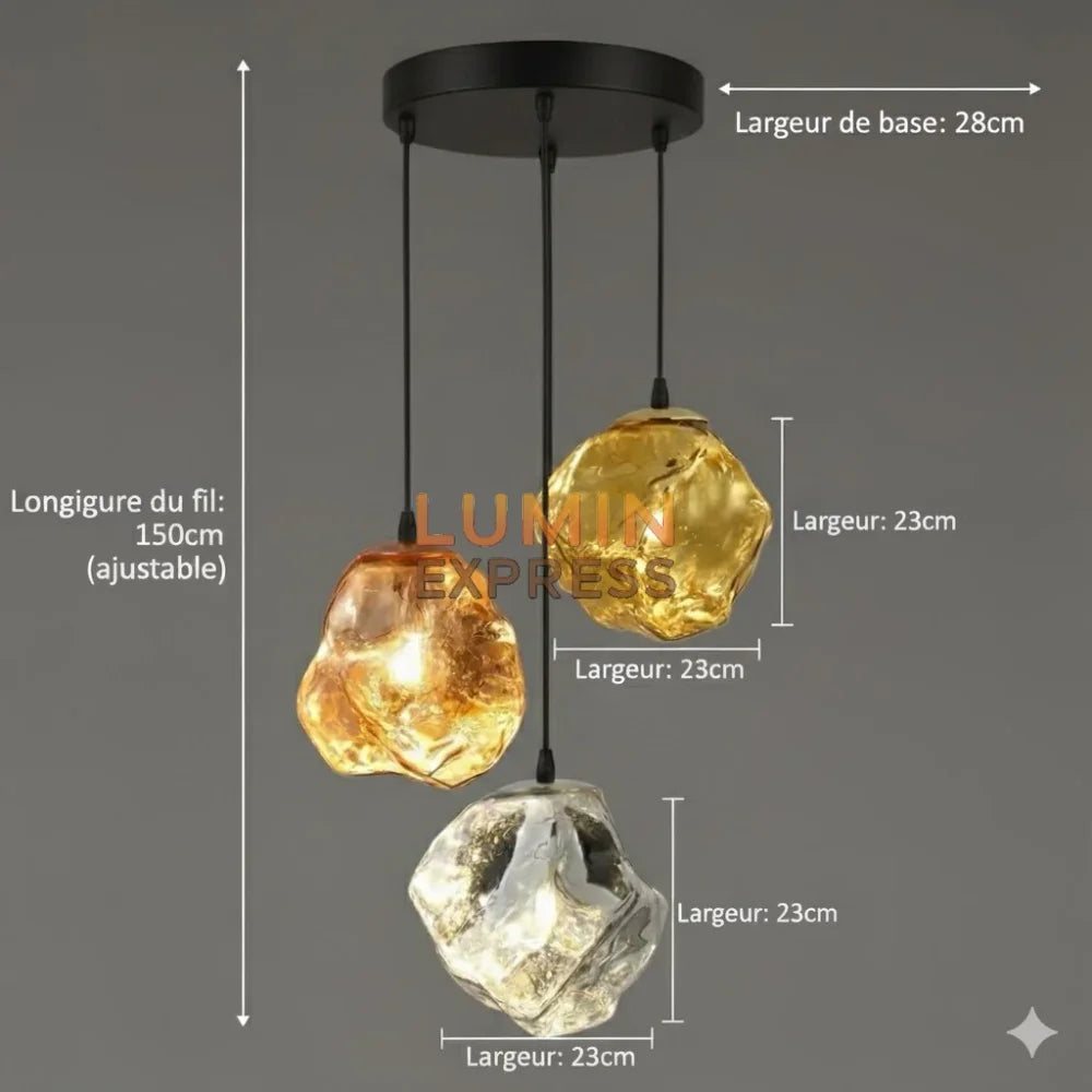 Suspension design triple en verre – 3 finitions luxueuses : rose gold, silver et gold – LUMINEXPRESS Maroc.