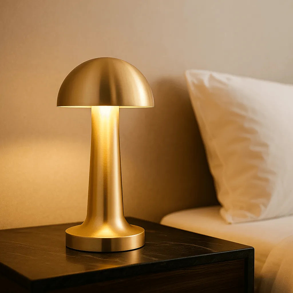Lampe à poser moderne avec abat-jour en verre dépoli et base dorée, diffusant une lumière douce et élégante pour chambre, salon ou bureau – Collection Luminexpress Maroc
