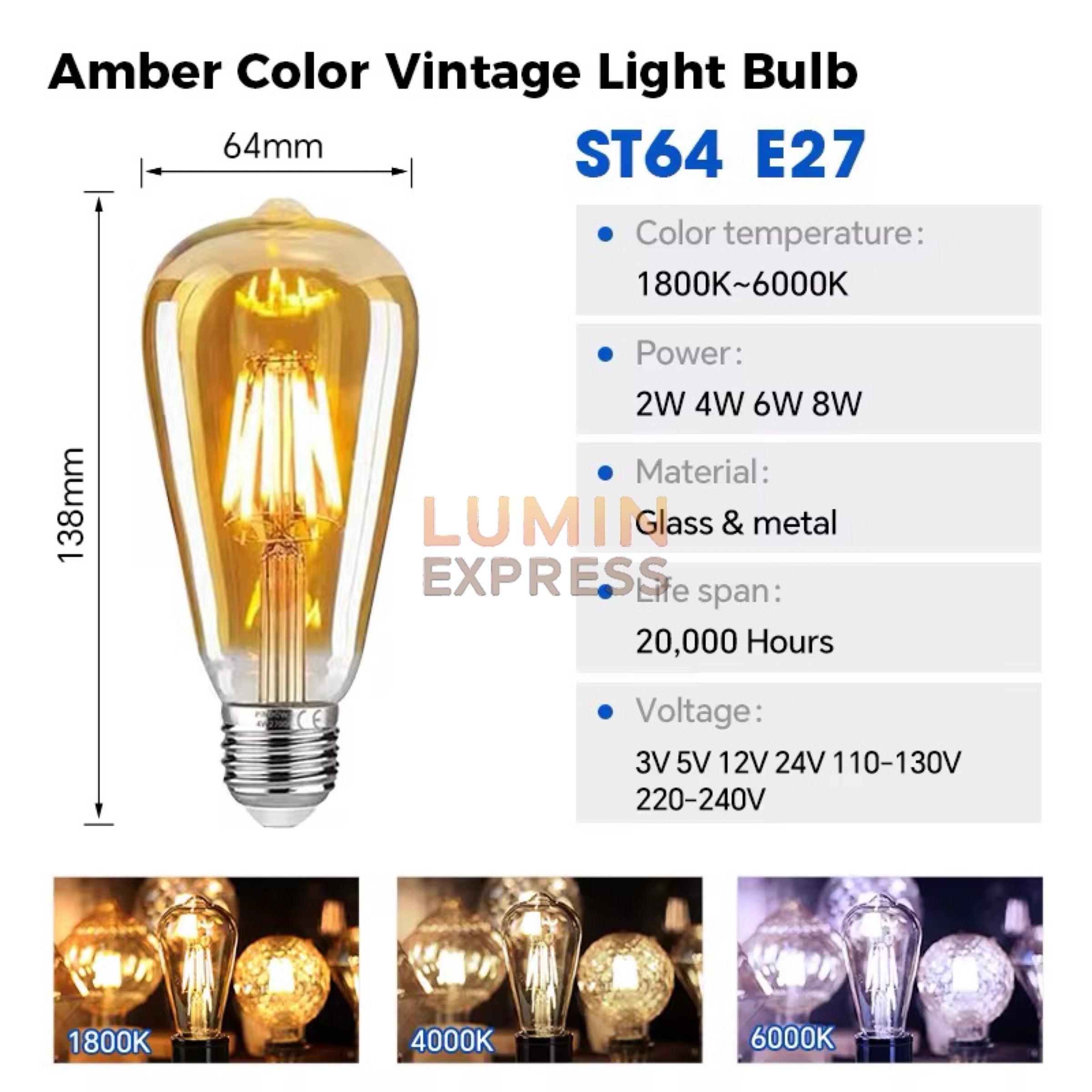 Pack de 6 Ampoules Filament E27 LED 6W ST64 3000K