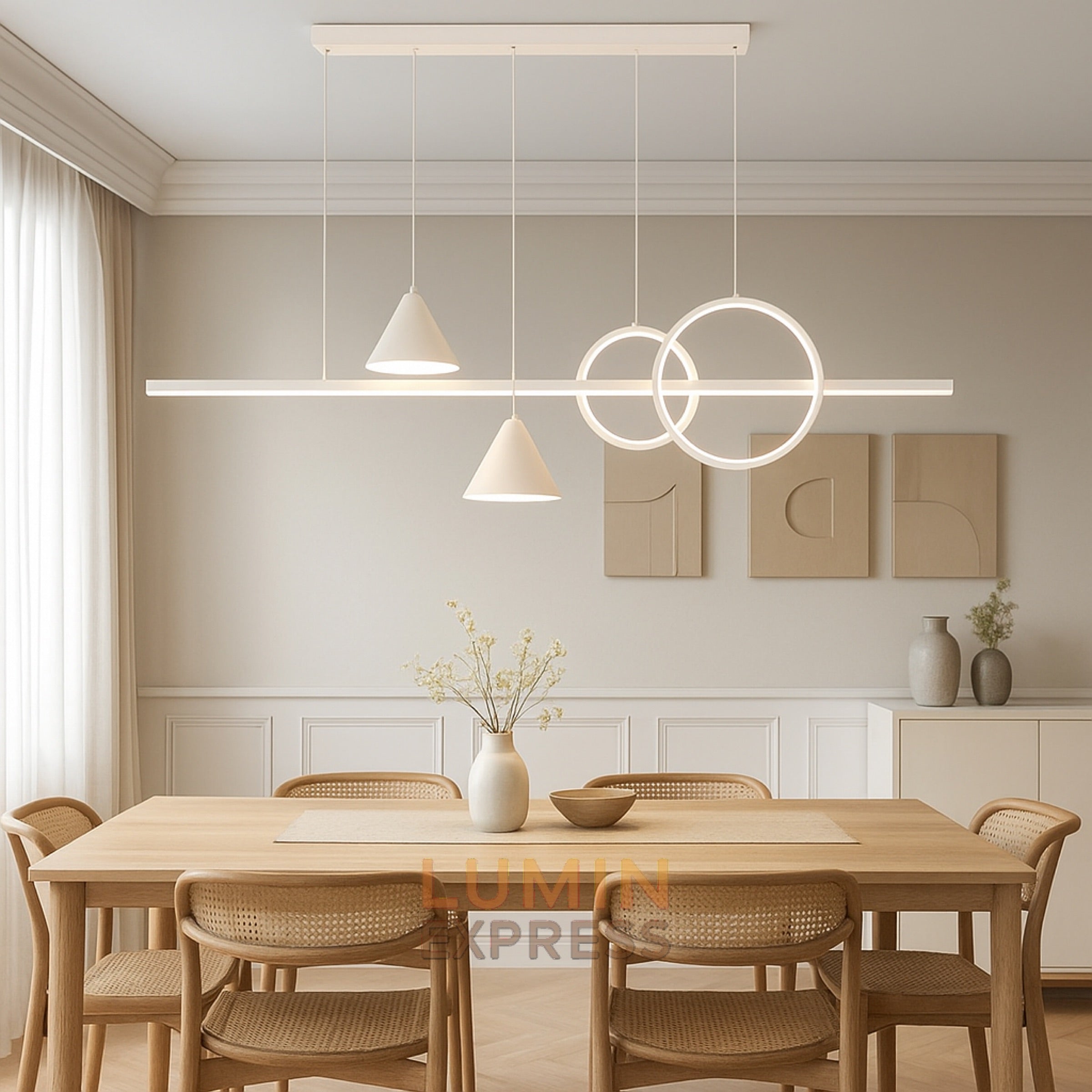 Suspension MADEIRA White en aluminium blanc – luminaire moderne LED 70W avec éclairage réglable 3000K/4000K/6500K, idéale pour salon ou salle à manger.