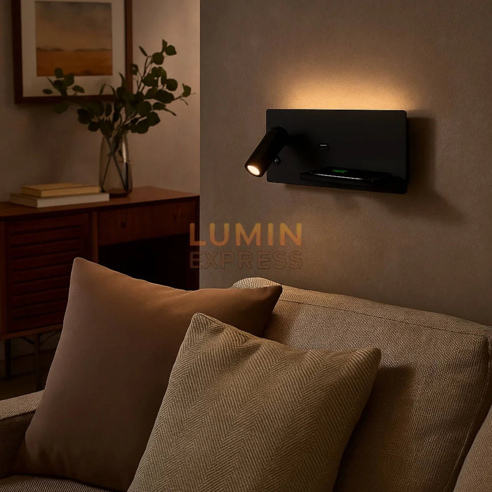 Applique murale liseuse sans fil noire, vue d’ensemble sur fond blanc