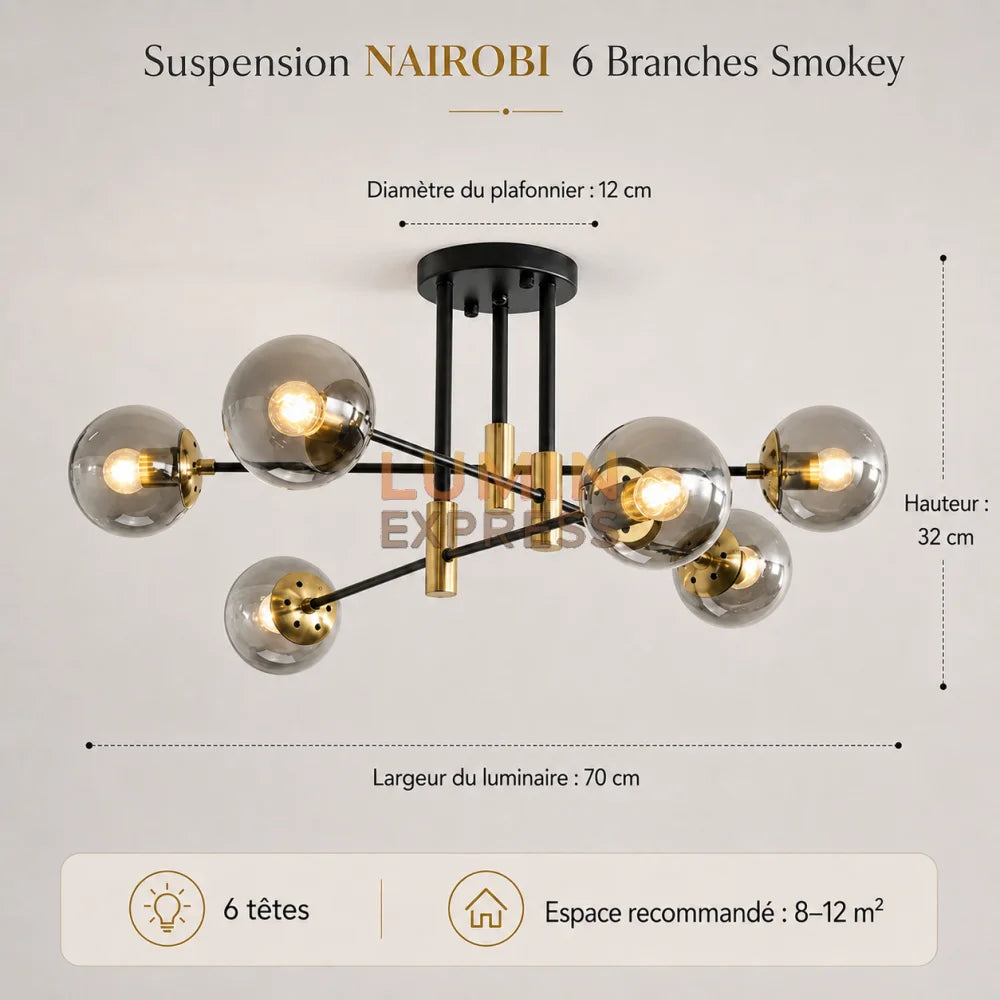Plafonnier NAIROBI 6 Branches Smokey