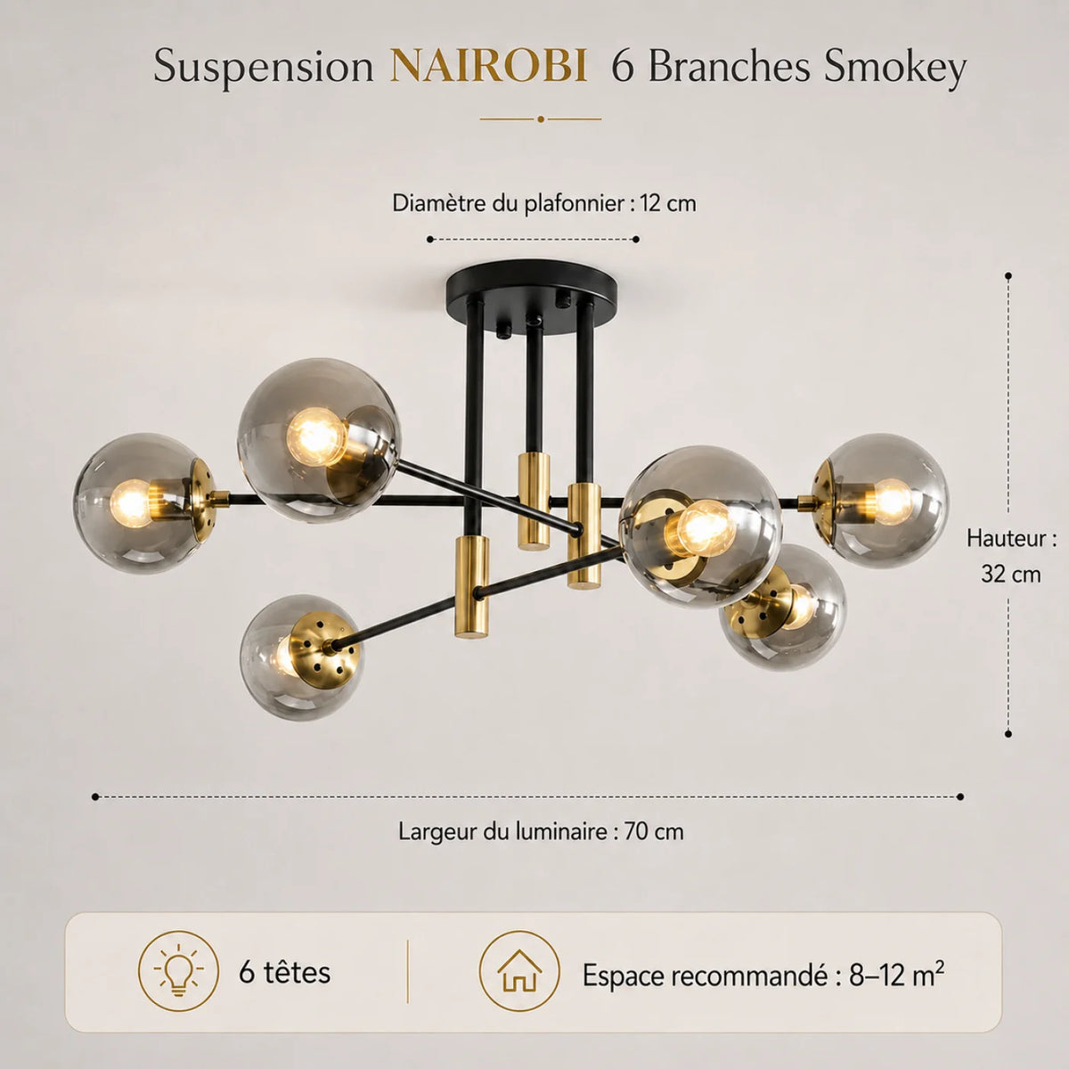 Plafonnier NAIROBI 6 Branches Smokey