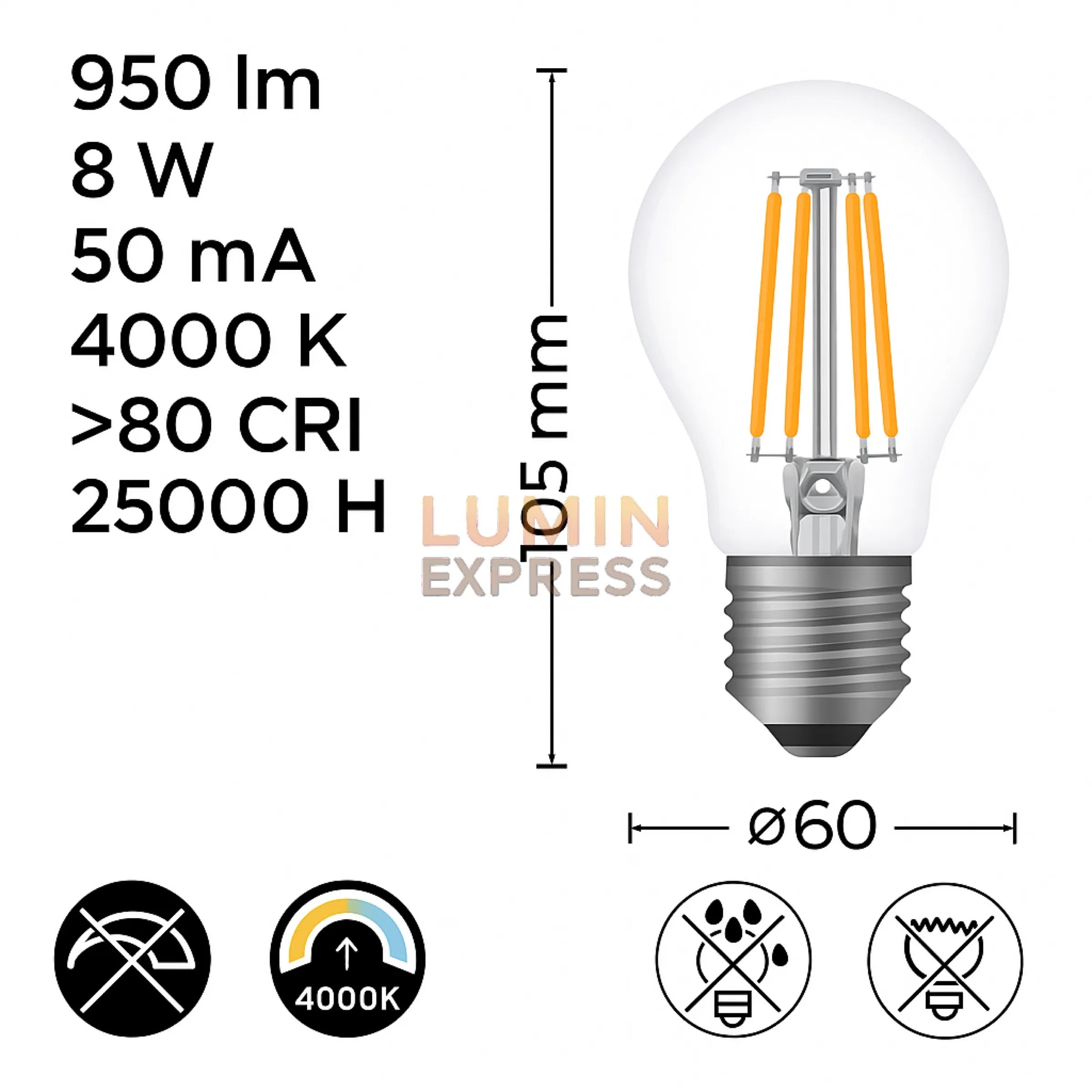 Pack de 6 Ampoules E27 LED 8W 4000K