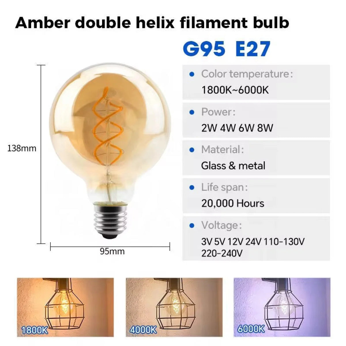 Ampoule G80 E27 6W 3000K Ambre