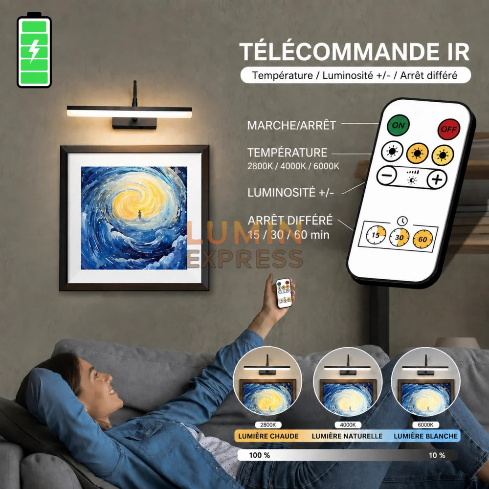 Applique tableau LED rechargeable noire avec lumière orientable