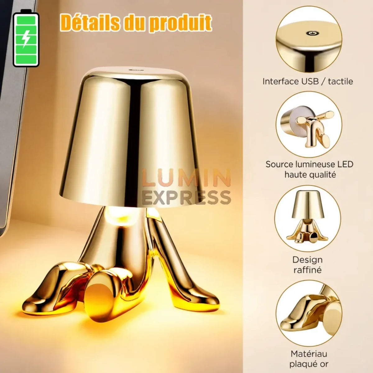 Lampe sans fil TEDDY Gold à commande tactile pour intérieur
