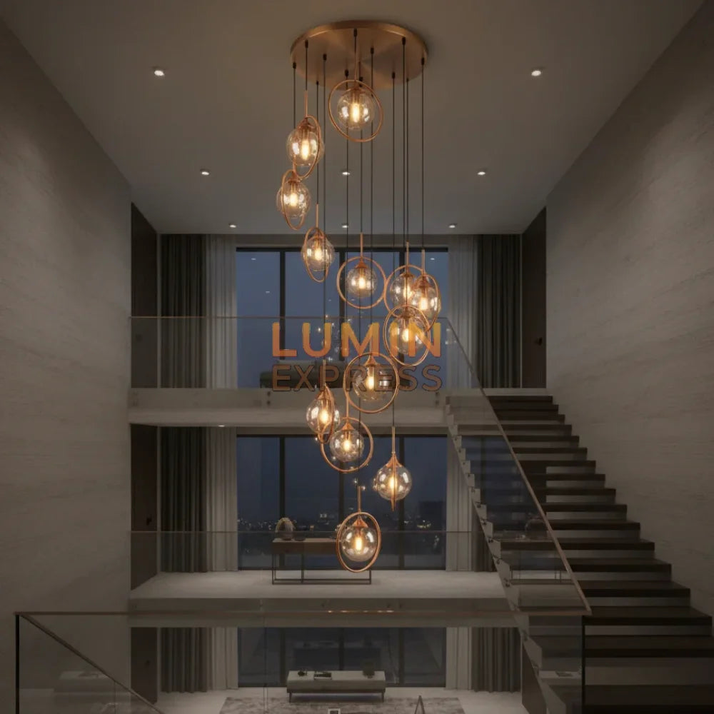 Lustre CLARO Cascade 13 Boules doré pour escalier – Luminexpress Maroc