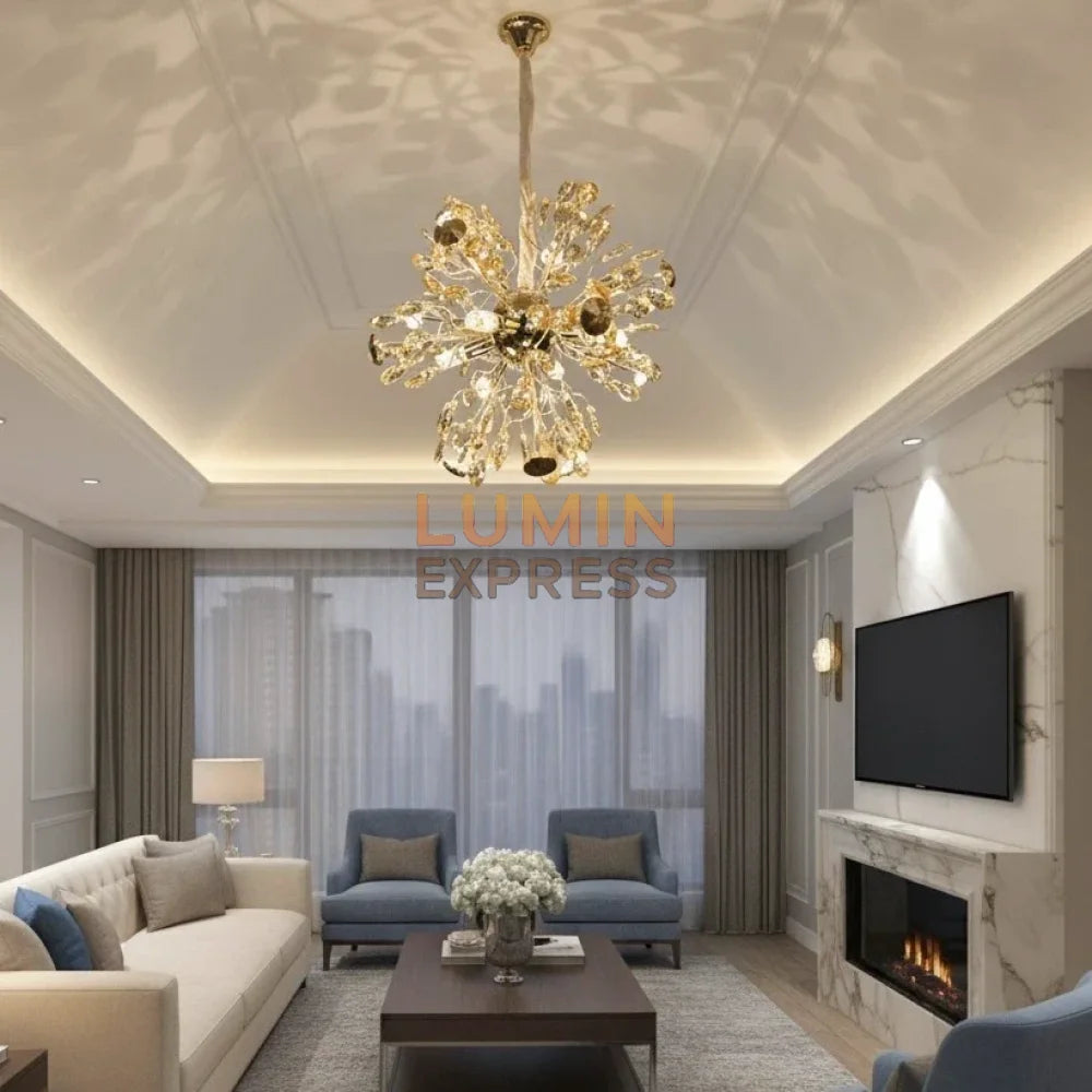 Lustre ROSALIO en cristal K9 doré design floral – Luminexpress Maroc