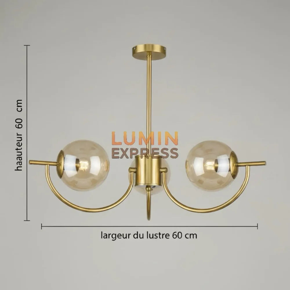 Suspension moderne TRILOGY Ambre en verre ambré, structure dorée, luminaire haut de gamme Luminexpress Maroc