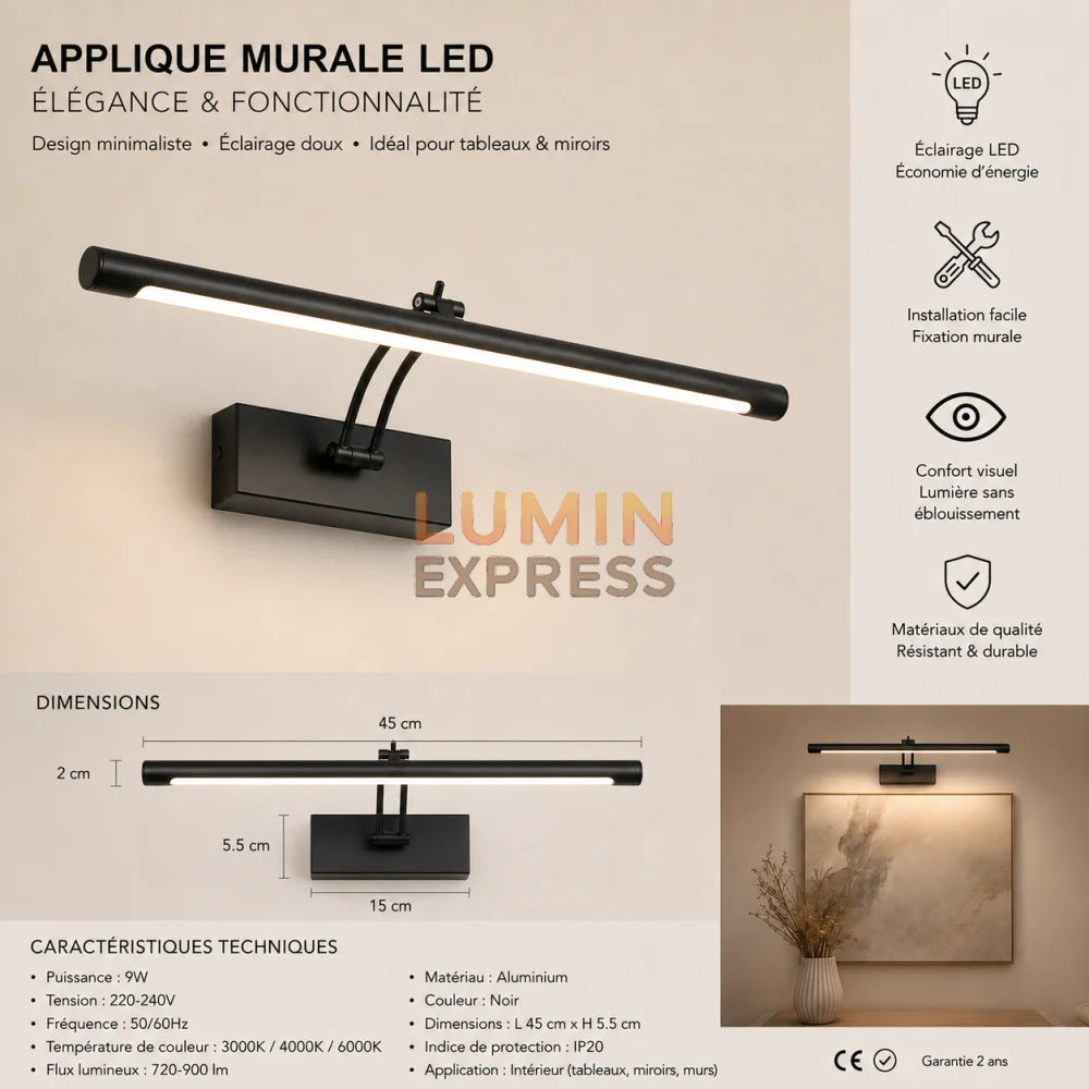 Applique murale orientable Noir pour tableau et miroir