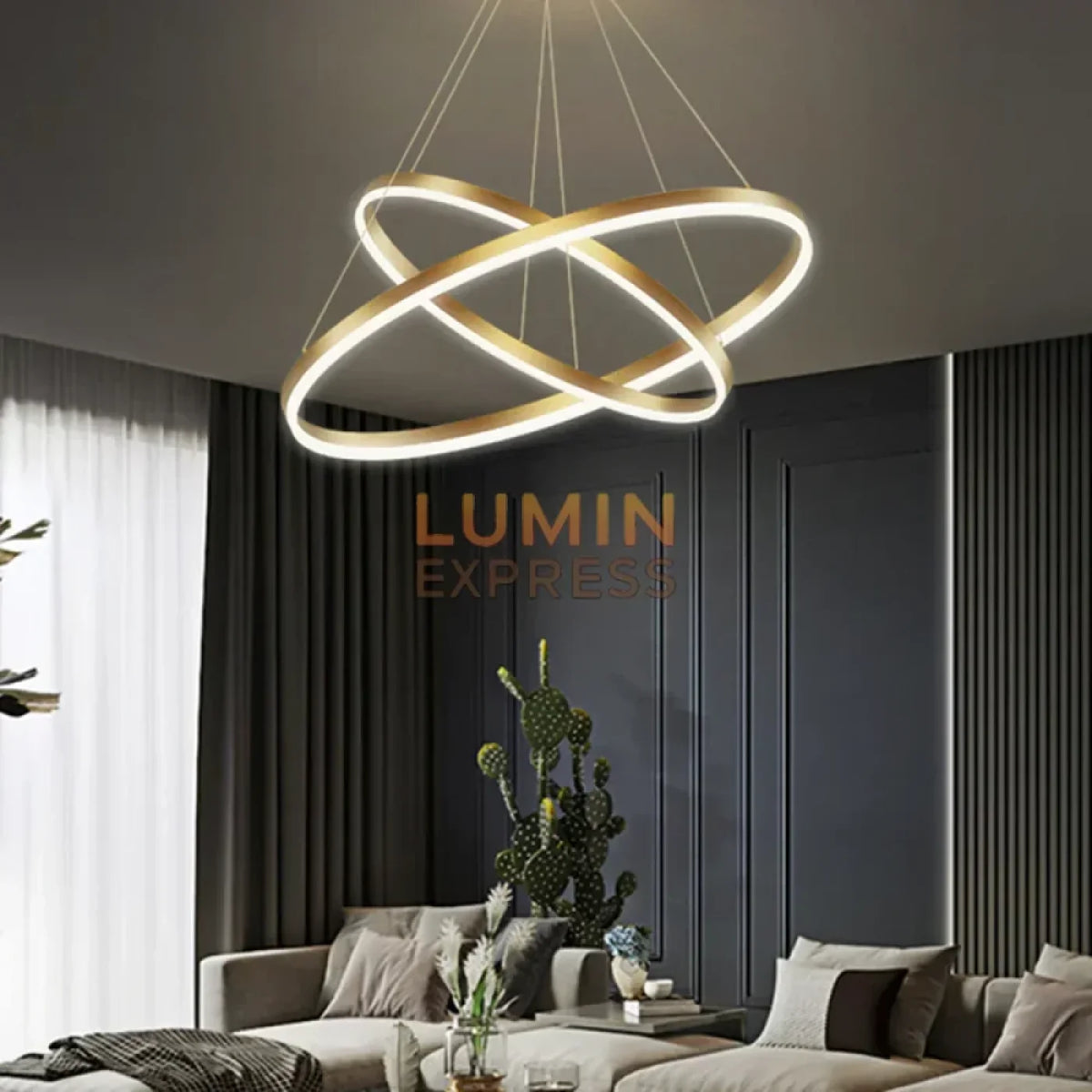 Suspension dorée ELITE DUO Gold dans un intérieur design et contemporain – Luminexpress Maroc