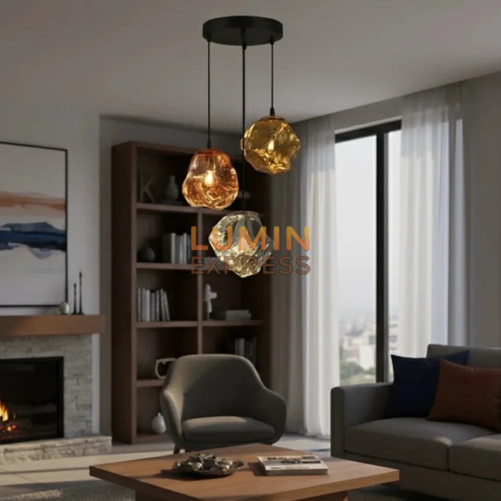 Suspension en verre soufflé MELT Triple – trio de couleurs métalliques rose, argent et doré – LUMINEXPRESS Maroc