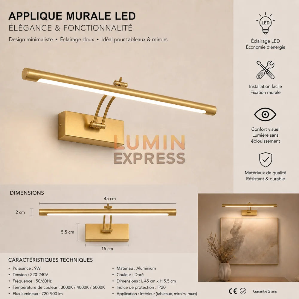 Applique murale orientable Dorée pour tableau et miroir