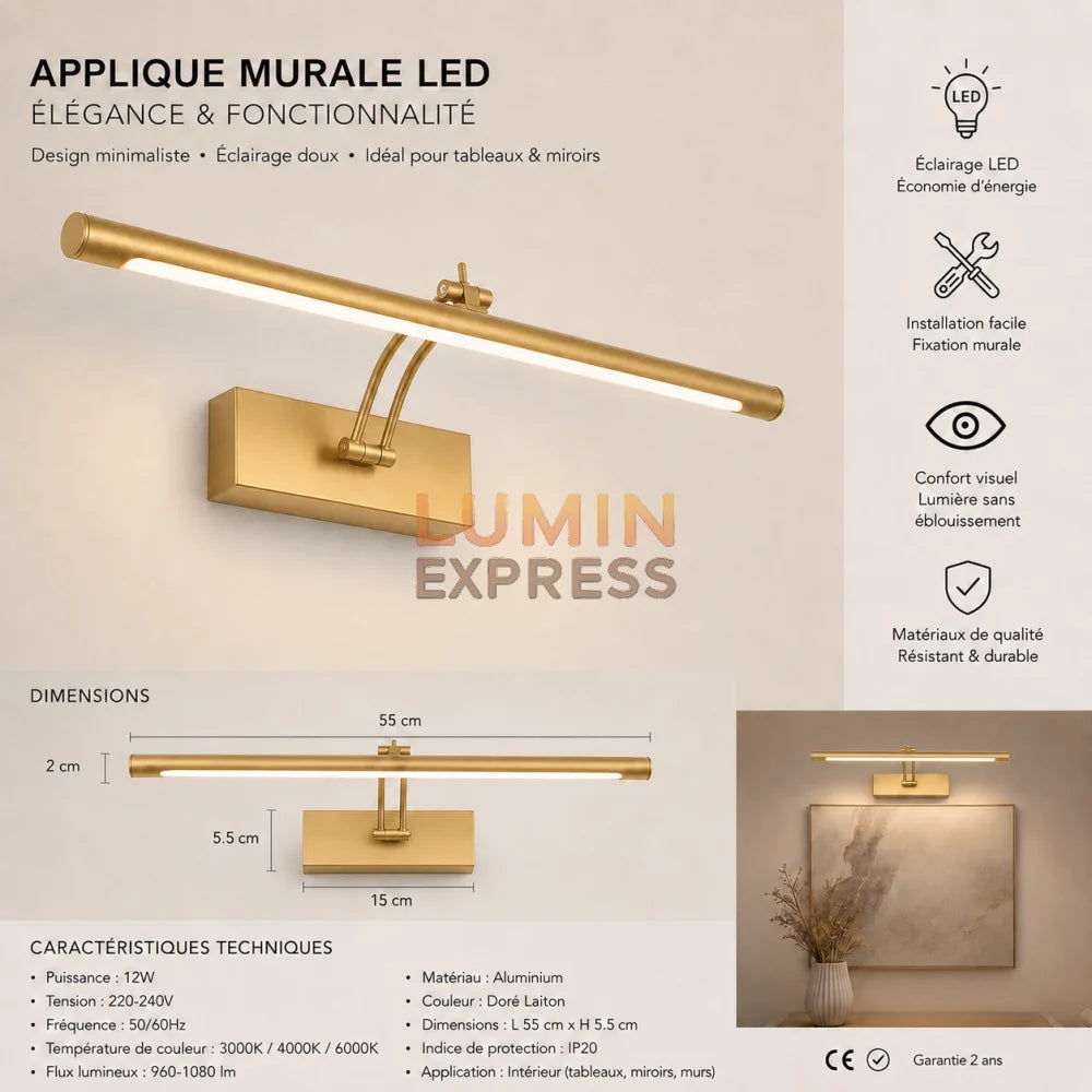 Applique murale orientable Dorée pour tableau et miroir